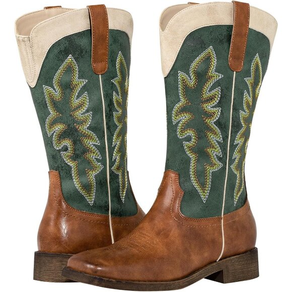SheSole Western Boots Women's Green Tan Faux Leather Square Toe Wide Mid Calf - Picture 5 of 8